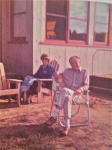 My parents in front of the Rainbow Lake cottage, which was wonderful once they stopped having to take me, Actually, we had some good times. Look, they're smiling.